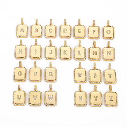 Brass Micro Pave Cubic Zirconia Pendants, Nickel Free, Rounded Rectangle with Letter A~Z