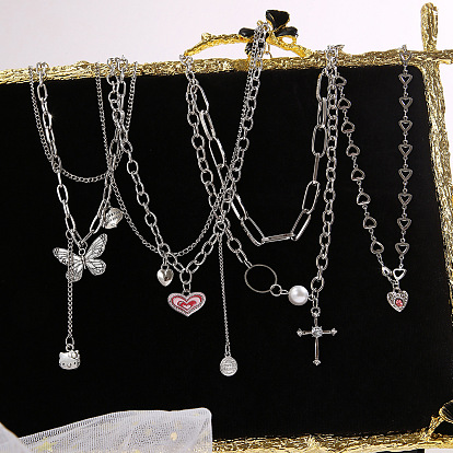 Hip-hop Pearl Cross Pendant Necklace - Unique Double-layered Love Butterfly Chain Item