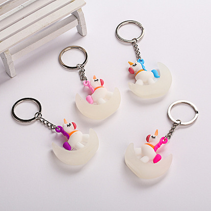 Cartoon Luminous PVC 3D Unicorn with Moon Pendant Keychains, Glow in the Dark, for Keychain, Purse, Backpack Ornament