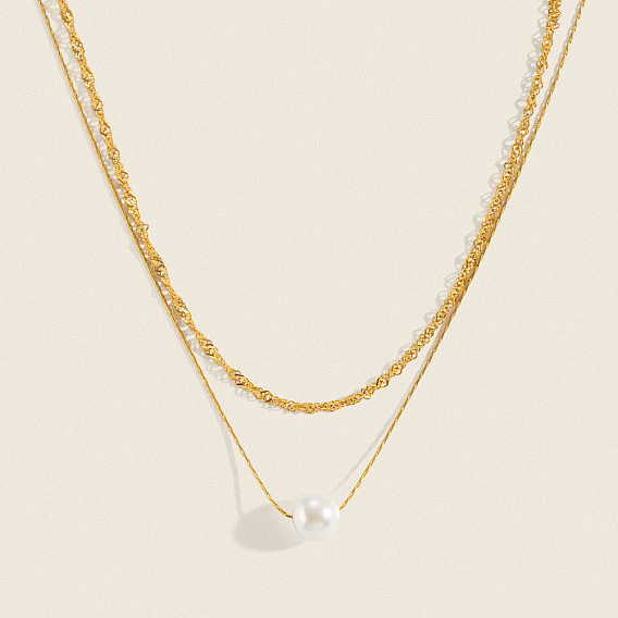304 Collares de doble capa de acero inoxidable con colgantes redondos de perlas sintéticas blancas para mujer