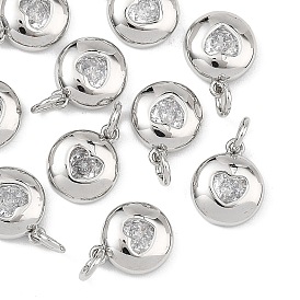 SHEGRACE Valentine's Day Brass Clear Cubic Zirconia Charms, Flat Round with Heart Pattern Charms, Cadmium Free & Lead Free & Nickel Free