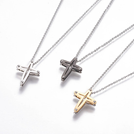 304 Stainless Steel Pendant Necklaces, with Lobster Claw Clasps and Cable Chains, Cross