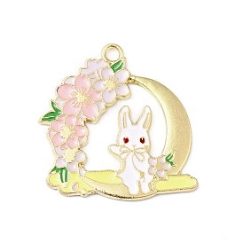 Alloy Enamel Pendants, Moon with Rabbit & Sakura, Golden