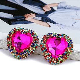 Elegant Sweetheart Acrylic Colorful Stud Earrings with Full Rhinestones - High-end European and American Style Jewelry