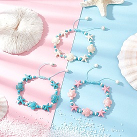 3Pcs 3 Styles Starfish & Turtle Synthetic Turquoise Beads Braided Bead Bracelets for Women