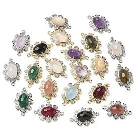 Gemstone Faceted Oval Connector Charms, Rack Plating Brass Micro Pave Clear Cubic Zirconia Flower Links