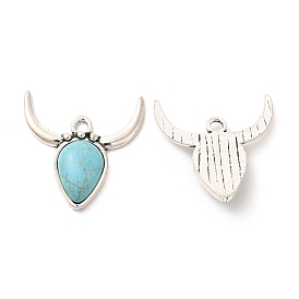 Retro Alloy Pendants, with Synthetic Turquoise, Ox Horn Charms