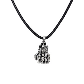 Alloy Skull Hand Pendant Necklace with Imitation Leather Cord, Halloween Jewelry for Men Women
