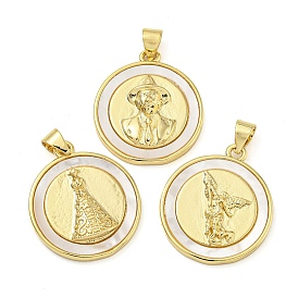 Rack Plating Brass Pave Shell Flat Round Pendants, Real 18K Gold Plated, Lead Free & Cadmium Free, Long-Lasting Plated