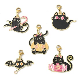 Halloween Theme Cat Alloy Enamel Pendant Decorations, with Golden Tone 304 Stainless Steel Lobster Claw Clasps