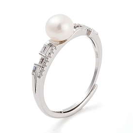 Round Natural Pearl & Cubic Zirconia Finger Rings, Rhodium Plated 925 Sterling Silver Adjustable Ring for Women