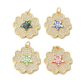 Rack Plating Brass Cubic Zirconia Pendants, with Enamel & Shell, Long-Lasting Plated, Lead Free & Cadmium Free, Real 18K Gold Plated, with Jump Rings, Star