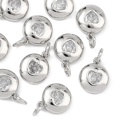 SHEGRACE Valentine's Day Brass Clear Cubic Zirconia Charms, Flat Round with Heart Pattern Charms, Cadmium Free & Lead Free & Nickel Free