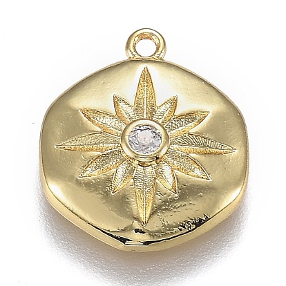 Brass Micro Pave Clear Cubic Zirconia Pendants, Long-Lasting Plated, Hexagon with Star