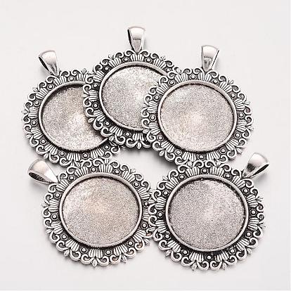 Tibetan Style Flower Alloy Pendant Cabochon Settings, Cadmium Free & Lead Free, Tray: 25mm, 48x39x2.5mm, Hole: 6x4mm, about 116pcs/1000g