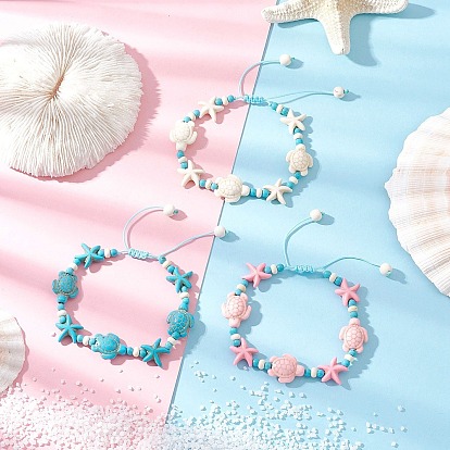 3Pcs 3 Styles Starfish & Turtle Synthetic Turquoise Beads Braided Bead Bracelets for Women