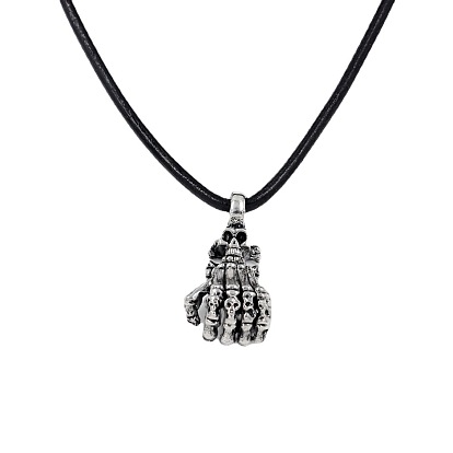 Alloy Skull Hand Pendant Necklace with Imitation Leather Cord, Halloween Jewelry for Men Women