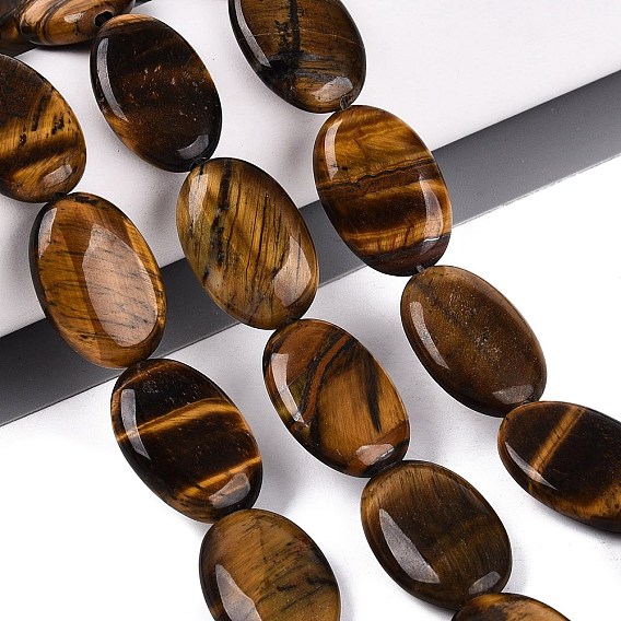 Natural Tiger Eye Beads Strands, Flat Oval