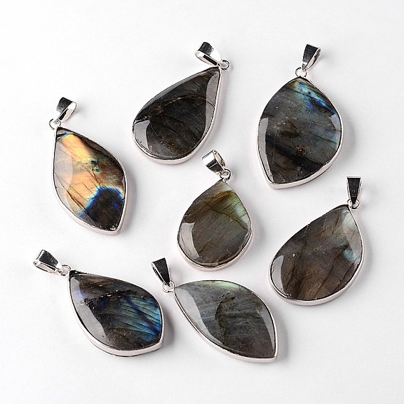 Natural Labradorite Teardrop Pendants, with Platinum Plated Brass Findings, 34~60x13~35x5~15mm, Hole: 4x7mmm