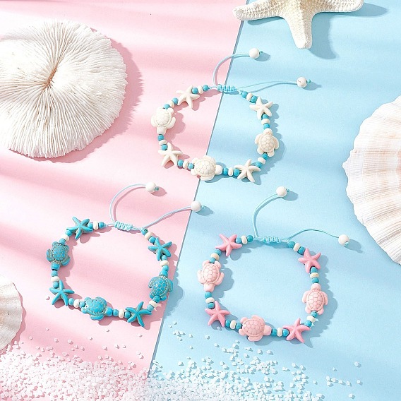 3Pcs 3 Styles Starfish & Turtle Synthetic Turquoise Beads Braided Bead Bracelets for Women