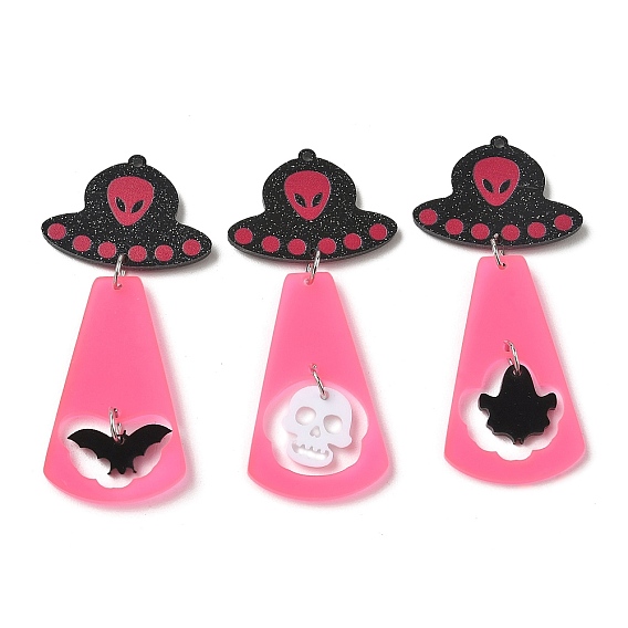 Halloween Opaque Acrylic Big Pendants, Skull Charms, with Iron Ring, with Glitter Powder