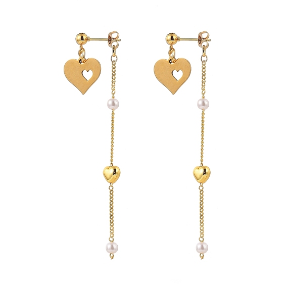 304 Stainless Steel Dangle Stud Earrings, with CCB Plastic Imitation Pearl, Brass Ear Nuts and Curb Chains, Heart