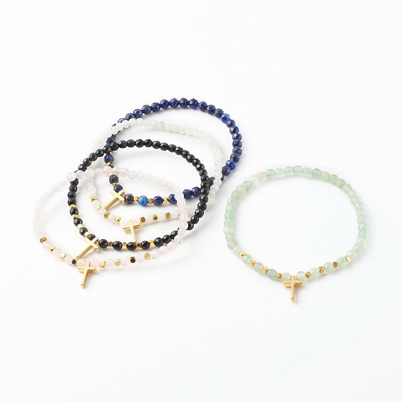 Natural Mixed Gemstone Stretch Charm Bracelets, with Non-magnetic Synthetic Hematite Cube Beads, Cross, Golden
