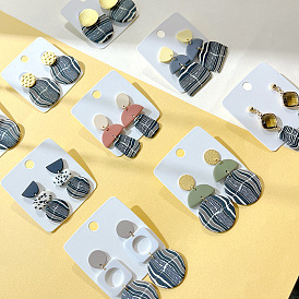  Black and gray striped color matching autumn and winter irregular metal splicing soft clay earrings sweet and cool style earrings for women