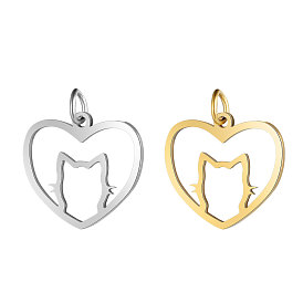 201 Stainless Steel Filigree Kitten Pendants, Heart with Cat Shape