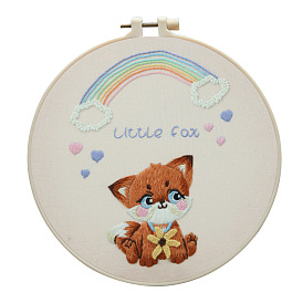DIY Fox & Rainbow Pattern Embroidery Kit, Including Imitation Bamboo Hoop, Carbon Steel Needles, Fabric and Colorful Threads