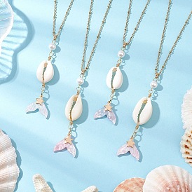 Ожерелья с подвеской в виде хвоста русалки из натуральной ракушки каури, смолы и ракушечного жемчуга, 304 ожерелья-цепочки из нержавеющей стали для женщин, золотые