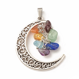 10Pcs Chakra Theme Natural Mixed Stone Pendants, Natural Garnet & Red Aventurine & Green Aventurine & Amethyst & Citrine & Aquamarine & Lapis Lazuli, with Alloy Findings, Moon Charm