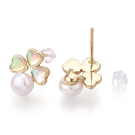 Natural Pearl with Resin Clover Stud Earrings, Brass Earrings with 925 Sterling Silver Pins, Cadmium Free & Nickel Free & Lead Free
