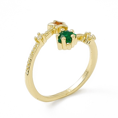 Colorful Cubic Zirconia Double Star Open Cuff Ring, Rack Plating Brass Jewelry for Women, Cadmium Free & Lead Free
