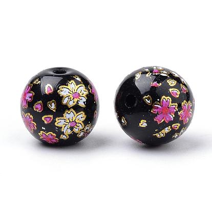 Printed Glass Beads, Round with Flower Pattern