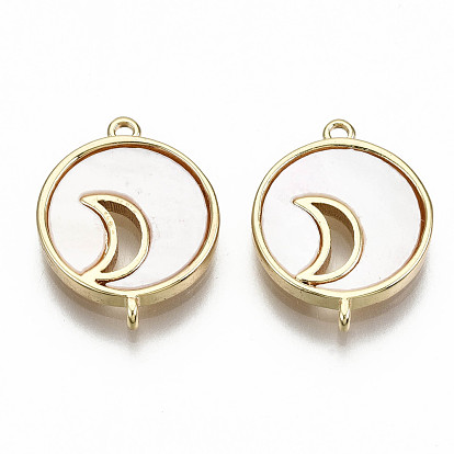 Freshwater Shell Links Connectors, with Brass Findings, Nickel Free, Flat Round with Moon