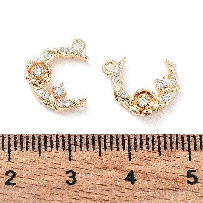 Brass Micro Pave Clear Cubic Zirconia Charms, Moon with Flower Charms