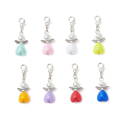 Подвесные украшения в виде ангелов из непрозрачного акрила, со стеклянными жемчужными бусинами и застежками-карабами из цинкового сплава.