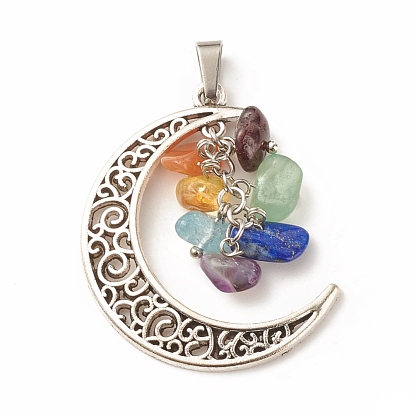 10Pcs Chakra Theme Natural Mixed Stone Pendants, Natural Garnet & Red Aventurine & Green Aventurine & Amethyst & Citrine & Aquamarine & Lapis Lazuli, with Alloy Findings, Moon Charm
