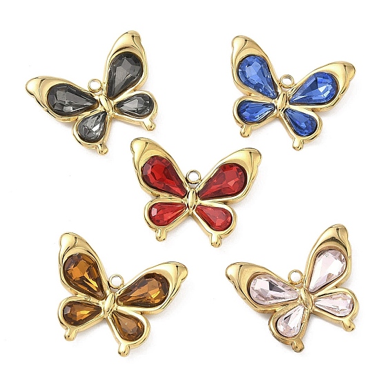 304 подвески из нержавеющей стали и стекла, очарование бабочки, вакуумное покрытие pvd, реальный 18 k позолоченный, граненые