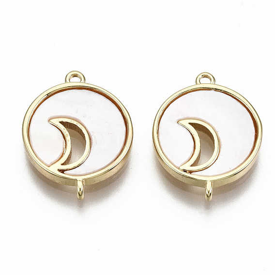 Freshwater Shell Links Connectors, with Brass Findings, Nickel Free, Flat Round with Moon