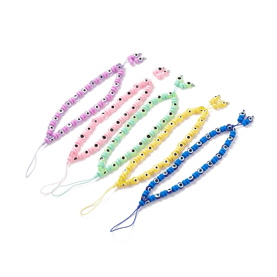 Handmade Polymer Clay Mobile Straps, with Flat Round Evil Eye Resin Beads and Braided Nylon Thread, 304 Stainless Steel Smooth Round Spacer Beads, for DIY Phone Case Decoration