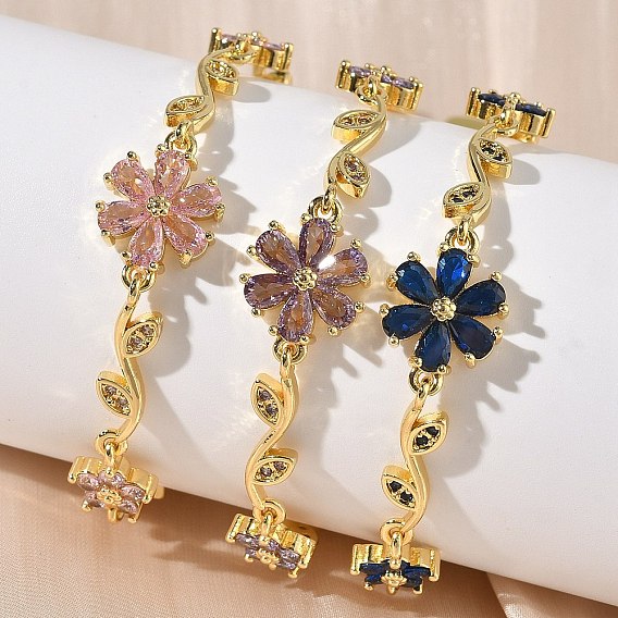 Браслеты-цепочки с цветами и листьями из латуни с микропаве из кубических цирконий для женщин, стойки покрытие, долговечный, без кадмия и без свинца, реальный 18 k позолоченный