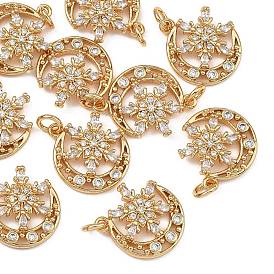 SHEGRACE Brass Pave Clear Cubic Zirconia Charms, Moon with Snowflake Charms, Cadmium Free & Nickel Free & Lead Free, Long-Lasting Plated