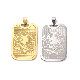304 Stainless Steel Pendants, Rectangle with Skull Charm