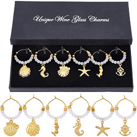 6шт. стеклянный бокал для вина, с подвесками из сплава и кольцами-шармами в виде бокалов для вина