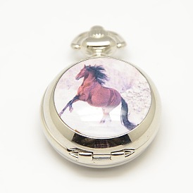 Openable Flat Round Alloy Horse Printed Porcelain Quartz Watch Heads for Pocket Watch Necklaces Making, 40x29.5x15mm