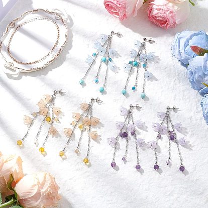 Серьги-гвоздики с кисточками из акрила, с натуральным аметистом, синтетической зеленой бирюзой, натуральным апатитом, синтетическим цитрином и натуральным цитрином, платина