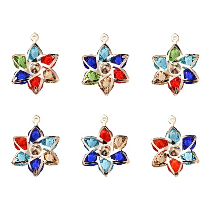 6Pcs Rack Plating Iron Glass Pendants, Light Gold Tone Flower Charms