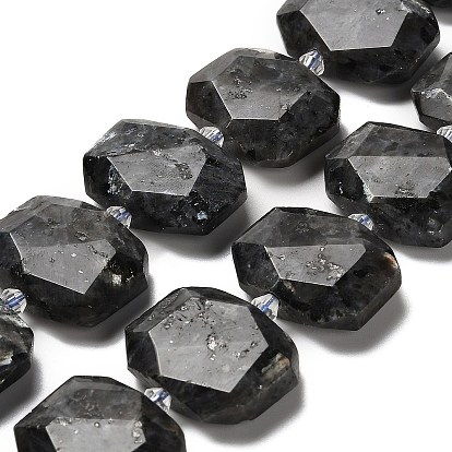 Натуральные нити бус из ларвикита, со стеклянными бусинами, граненые, прямоугольные